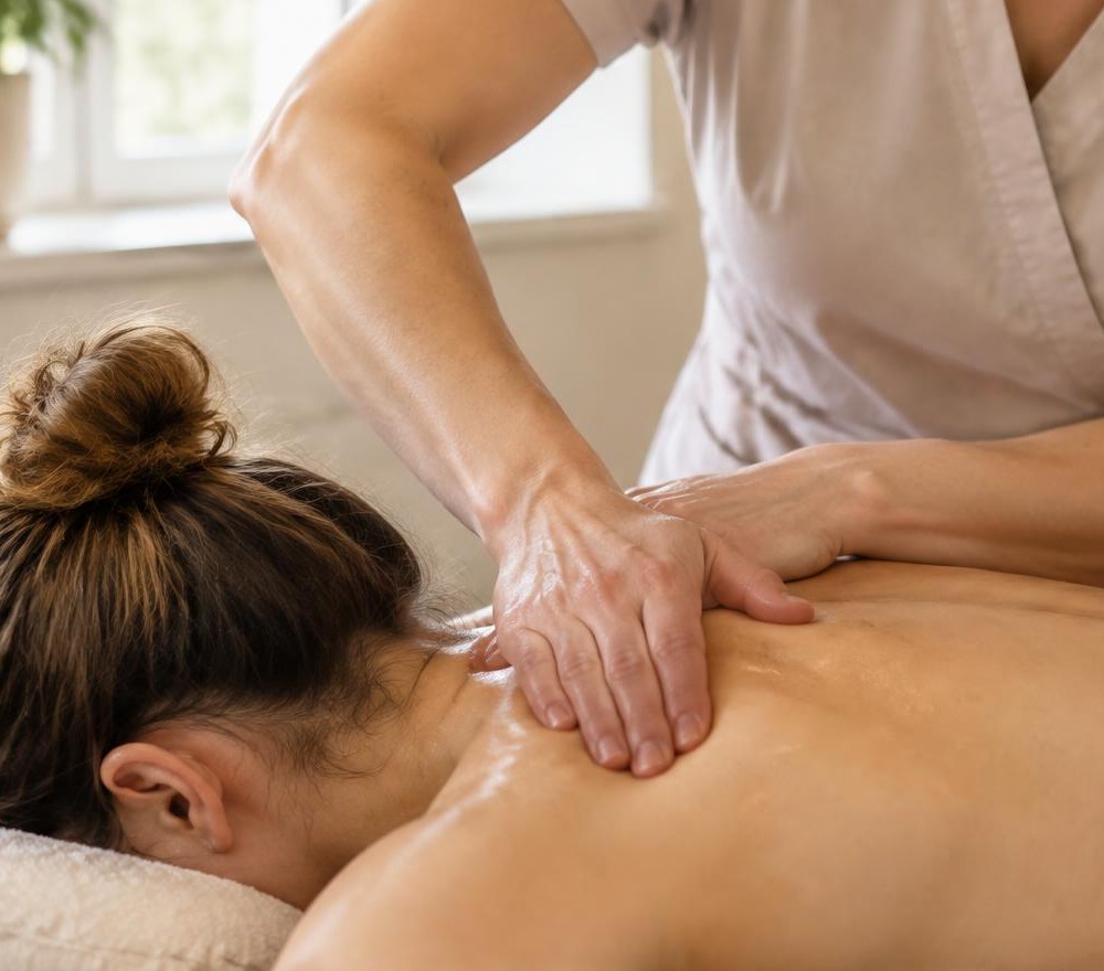 Massage therapist performing therapeutic upper-back work on a client in Exeter, NH